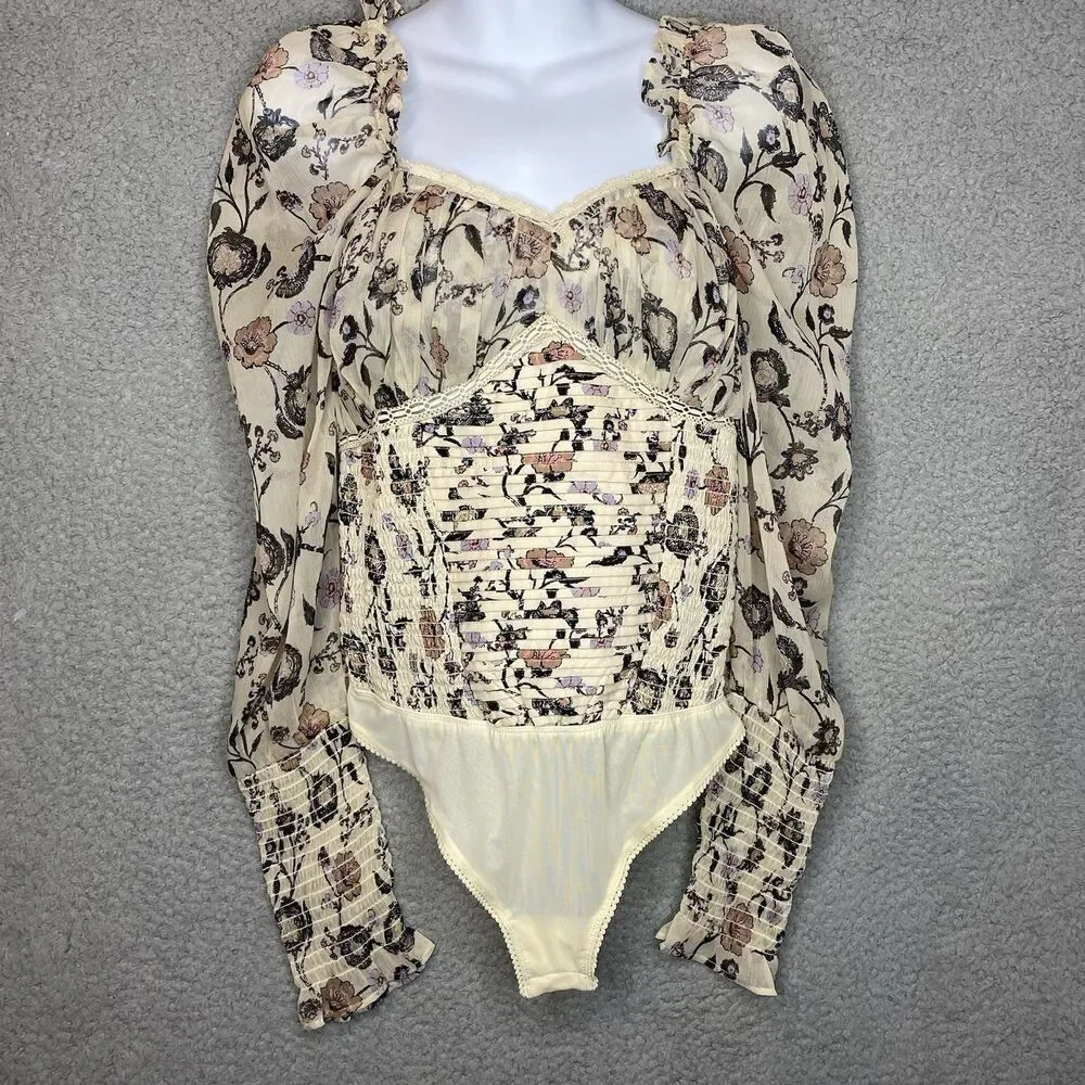 Free People Floral Milkmaid Coquette Bodysuit Ruched Ivory Sheer S
